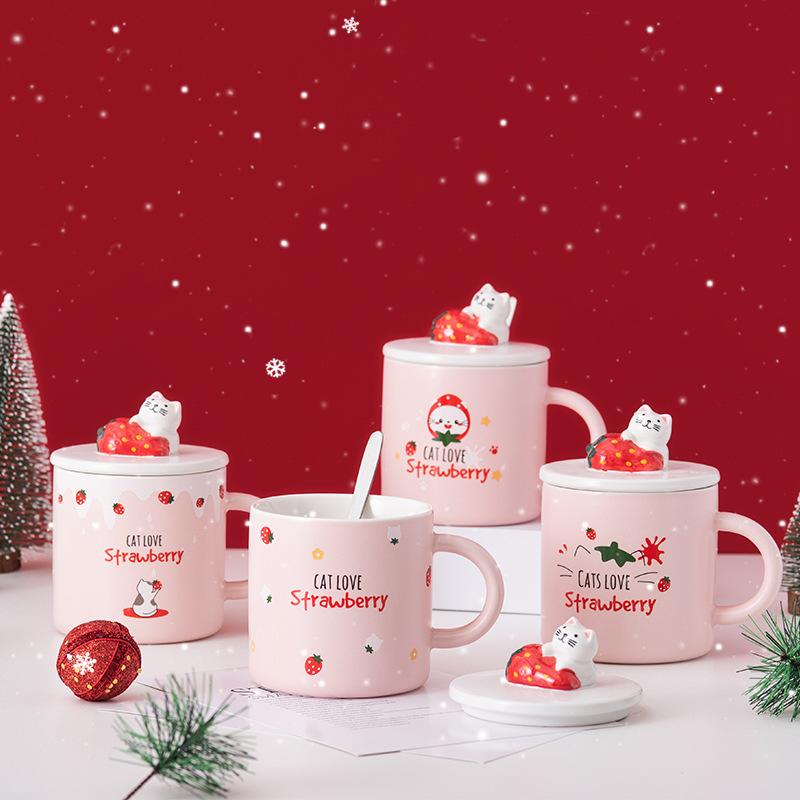 Lovely strawberry Cup Ins Coffee Mug Creative Water Milk Breakfast Cups Cartoon Cat Ceramic Mugs With Lid Spoon Gift