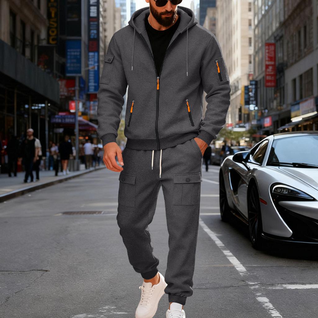 Men's Solid Color Casual Suit Loose Sports Stand Collar Sweatshirt With Pockets Multi Pocket Overalls Suit