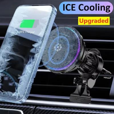 15W Ice Cooling Magnetic Wireless Car Charger Fast Charging Station for iPhone15 14 13 12 Pro Max MacSafe Car Phone Holder Stand