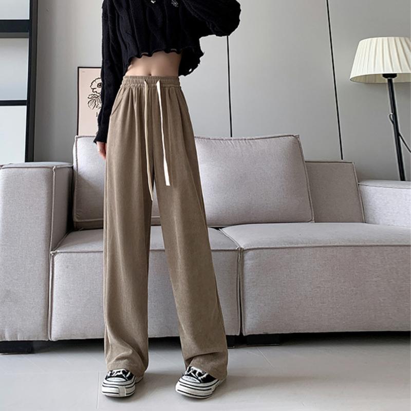 European Cotton Wool Wide-leg Pants for Women's Fall Latest High-waist Loose Straight-leg Pants Slim and Casual Floor Trousers