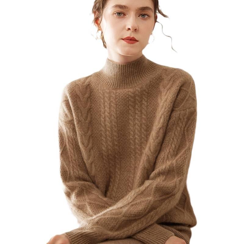 Women's 2025 Cashmere Cable Knit Pullover: Heavyweight, Half-High Collar, Loose, Slimming Sweater.
