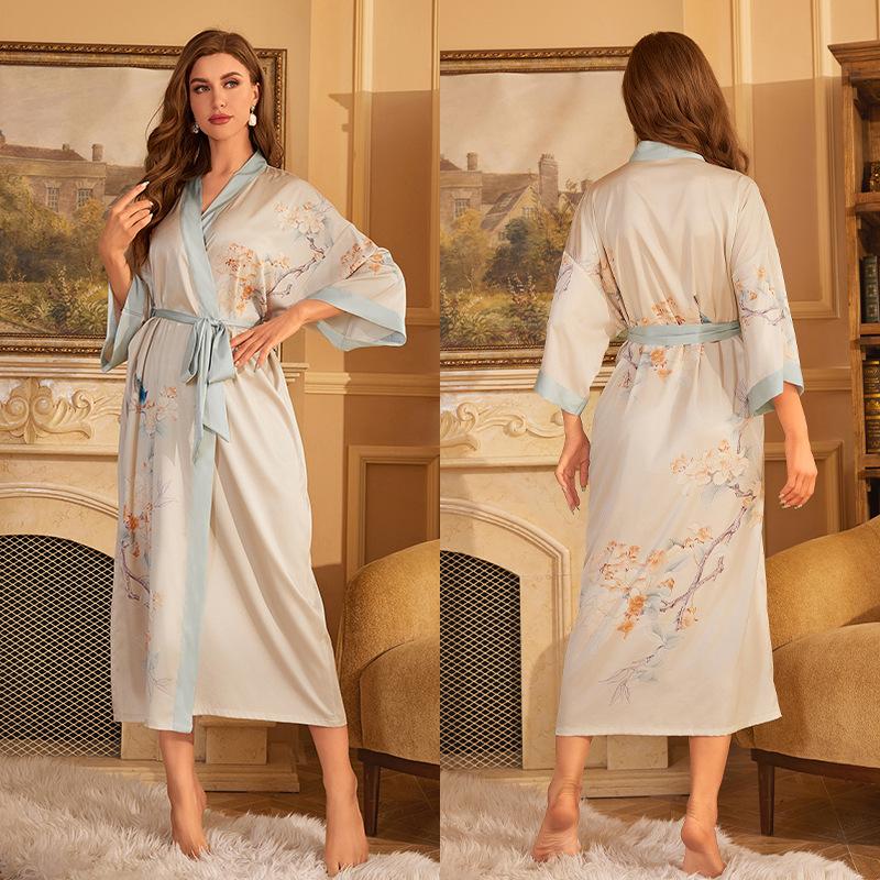 Spring Summer Long Robe Nightgown Sexy Print Flower Bathrobe Gown Casual Silk Satin Home Dress Lounge Wear