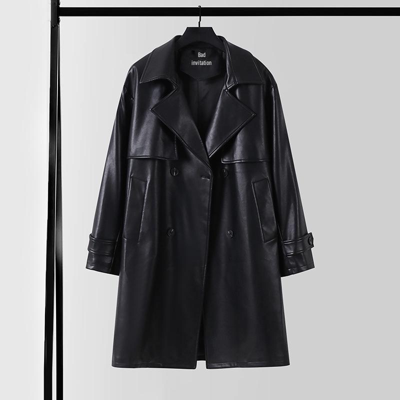 Men's Plus Size High-End PU Leather Knit Trench Coat - Korean Style, Loose, Casual, Spring/Autumn.