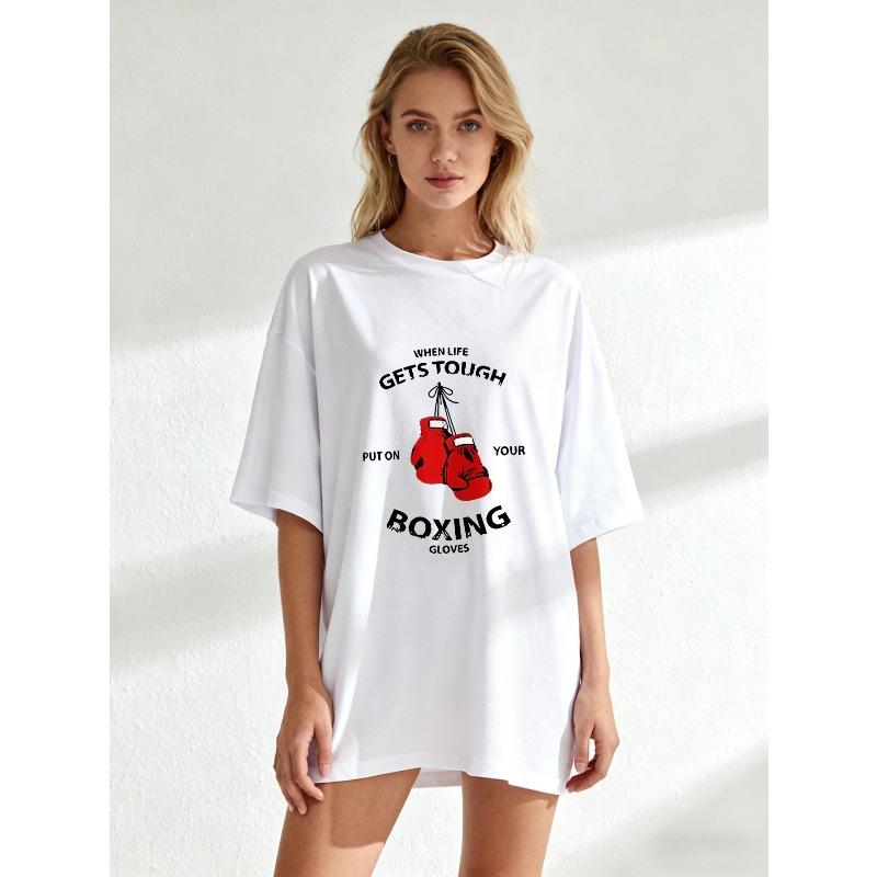 Oversized T Shirt Black Boxing Gloves And Motivational Quote Graphic Print Casual Wear For Women