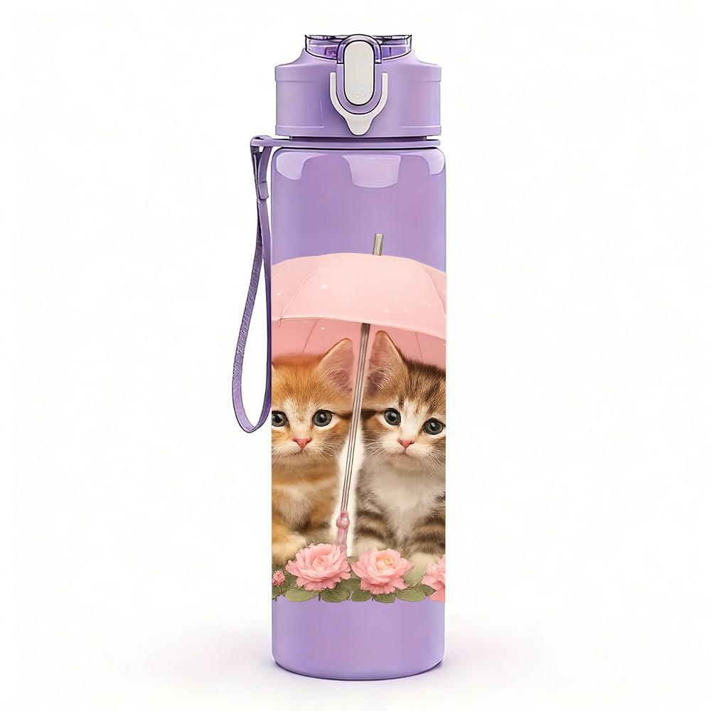 1PC Two Kittens Under Pink Umbrella 750ml Color Plastic Sports Water Bottle Leakproof Flip Straw Lid For Sports Office Home Use