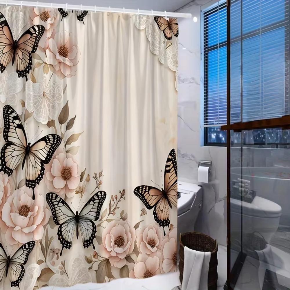 Modern Floral Printed Bathtub Curtain Metal Buttonhole Bath Sheer Dormitory