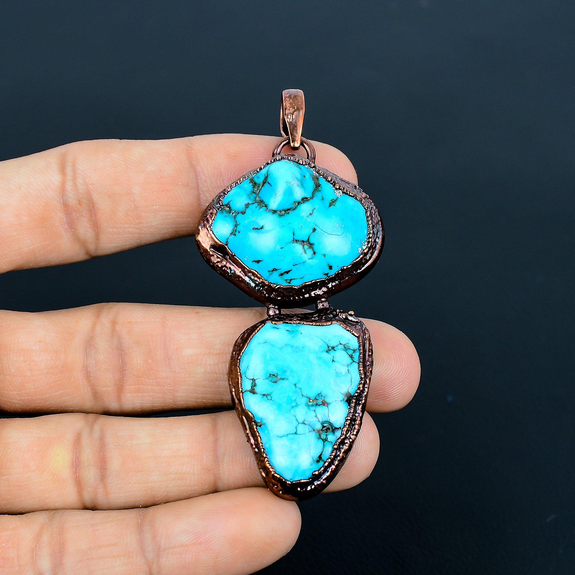 

Blue Turquoise Tumble Pendant Handmade Gemstone Jewelry, Copper Electroformed Pendant ,Unique Design Jewelry Pendant 2.55 Inches