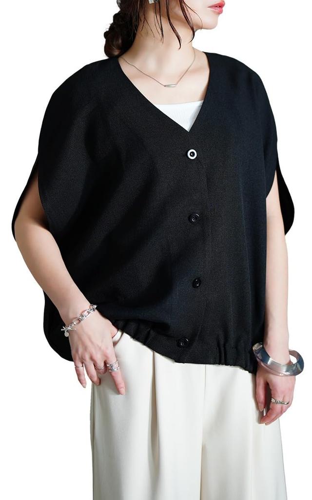 Gold Japan Plus Size Short Dolman Balloon Solid Black Women's Top, Shirt/Blouse, Sleeve, Style, V-Neck, Pockets, Print, Color, Spring, Summer, Autumn,