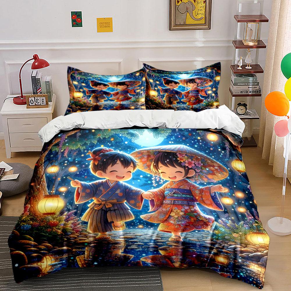 "Japanese Kimono Art Prints Set" Soft Skin-Friendly Bedding Set Includes 1 Duvet Cover And 2 Pillowcase Gift