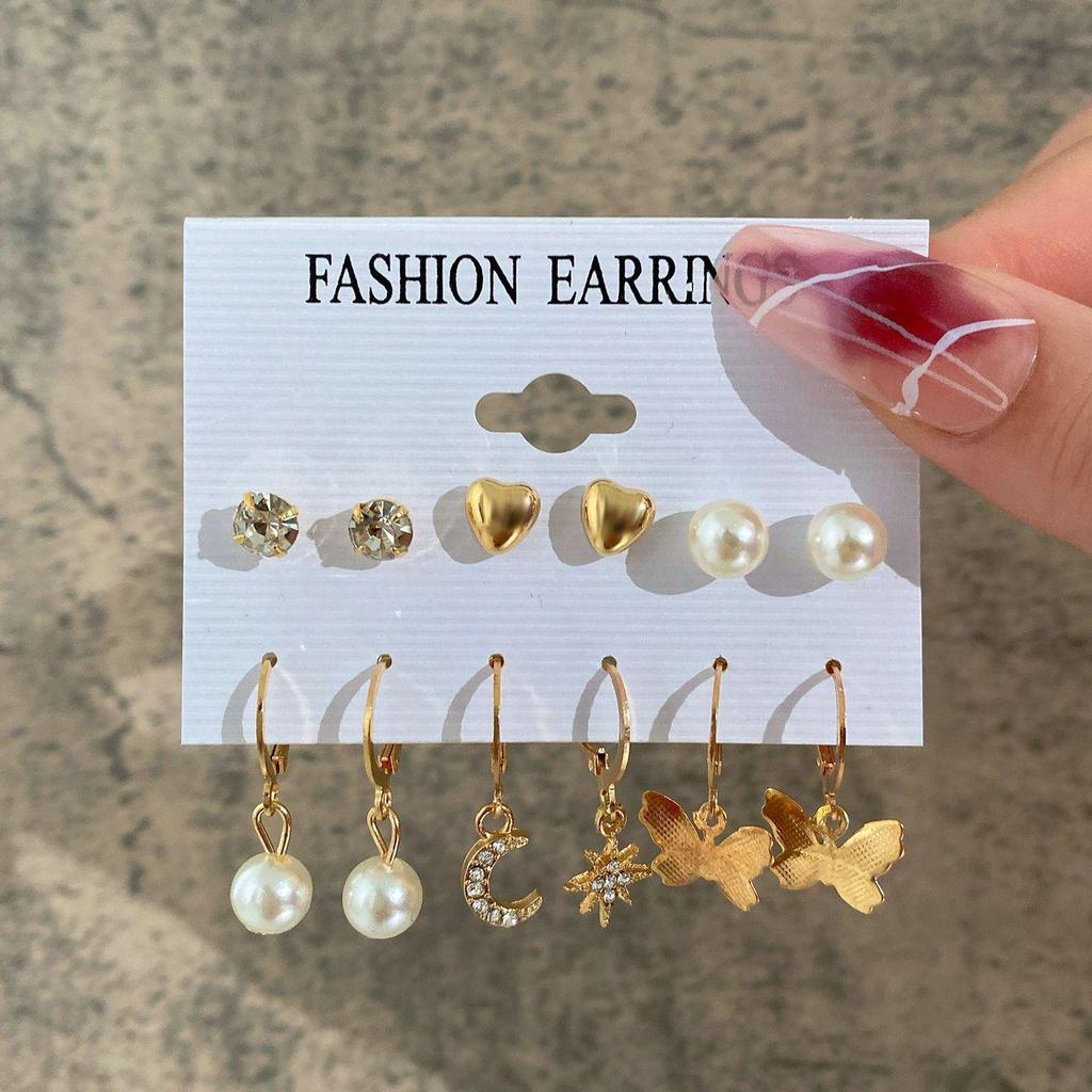 European & American Retro Geometric Hammered Textured Earrings 6-Piece Set: Creative Heart Diamond Stud & Alloy Earrings