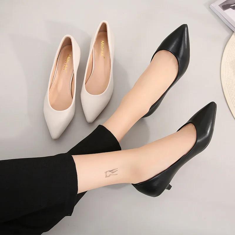 Fashion 2024Women Pumps  OL Style Leather Solid Shoes Low Thin Heels Single Shoes 3.5cmHeels Ladies Office Work Dress Wedges Heels Women