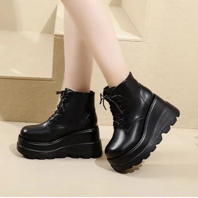 Damen Stiefeletten Schuhe mit erhöhter Absatzhöhe Herbst Britischer Stil Kurzer Schaft Schnürstiefel mit dicker Sohle Rutschfest Wasserdicht