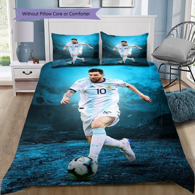 Lionel Messi GOAT Argentina No.10 Green Grass Print 3Pcs Bedding Set Without Pillow Core Washable Microfiber Football Fan Bedroom Duvet Cover Set