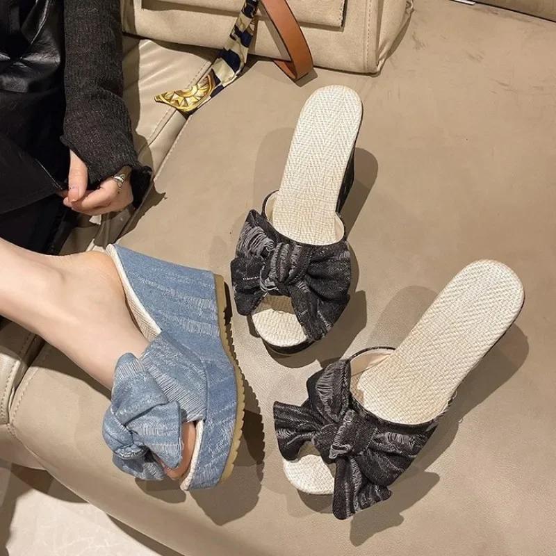 Fashion Wedges Denim Slippers Women 2024 Summer Platform Mules Bow Knot Sandalias Mujer Slides Woman 10cm High Heels Beach Shoes Slides