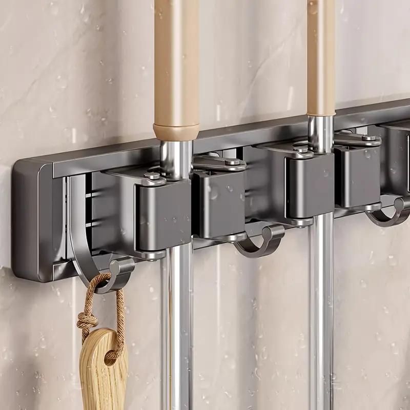Bathroom Storage Rack Metal Mop & Broom Holder with Adjustable Hooks, Wall-Mounted Storage Organizer for Home, Space-Saving Shelf for Mops, Brooms