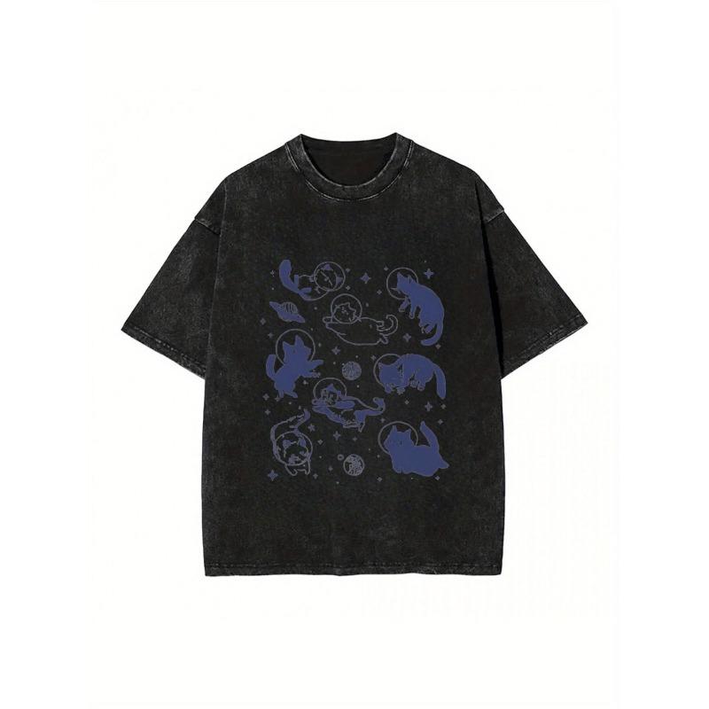 

European Size Men S Heavyweight Vintage Washed T-Shirt | Soft Loose Fit Retro Streetwear Tee, Dark Tone Graphic Shirt for Everyday Casual S чёрный