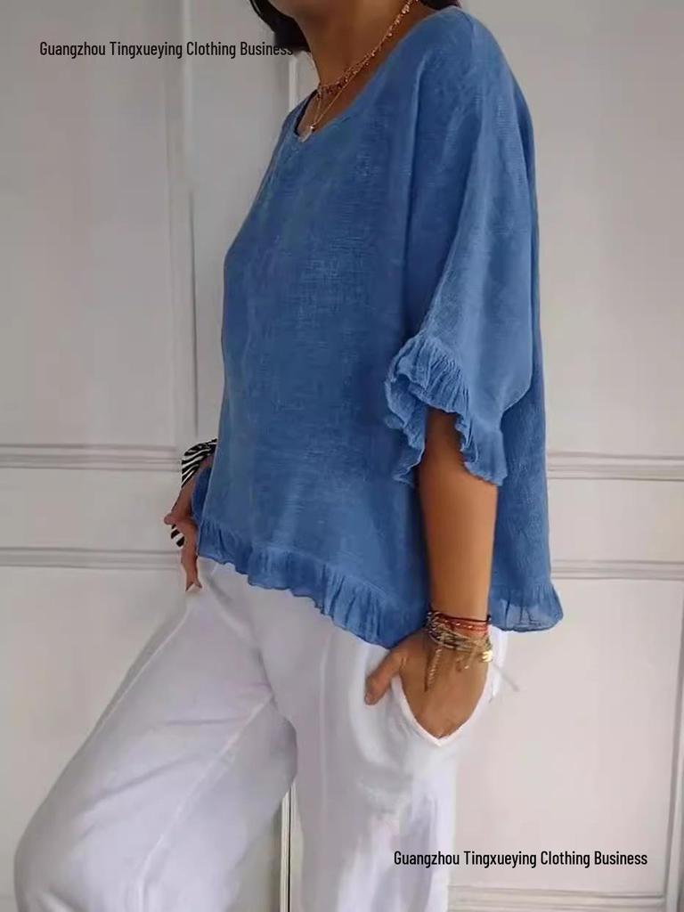Women's European & American Casual Solid Color Ruffle Short Sleeve T-shirt