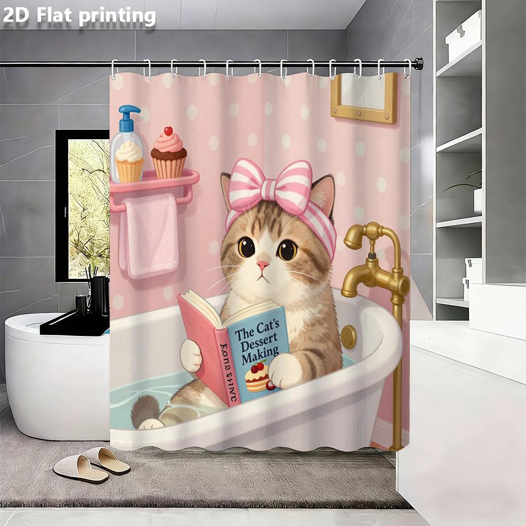 Cute Cat Reading In Bathtub Shower Curtain Waterproof Moisture Proof Privacy Protection Print Pink Polka Dot Design Elevatespace