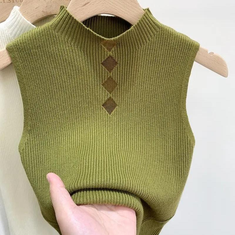 Women's Sleeveless Half High Neck Knit Camisole Lace Sweater Outer Wear Tube Top Short T-shirt