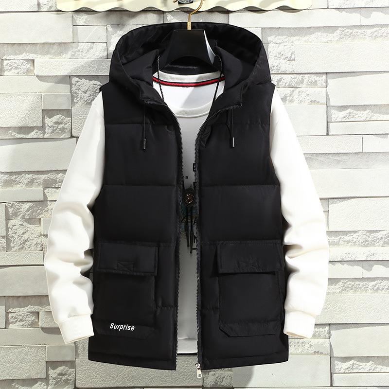 

Autumn and winter vest men s new thickened trendy vest youth hooded warm down cotton vest casual jacket M (60-42.5 kg) чорний