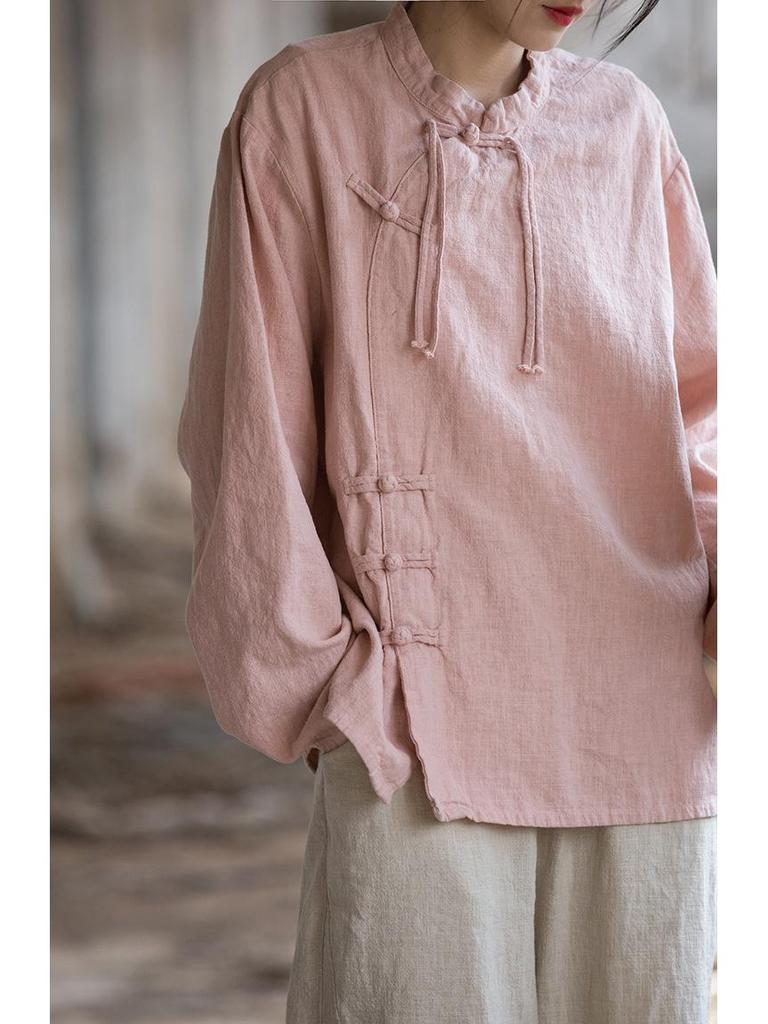 Spring Style Women's Ramie Cotton Long Sleeve Top with Handmade Frog Buttons
