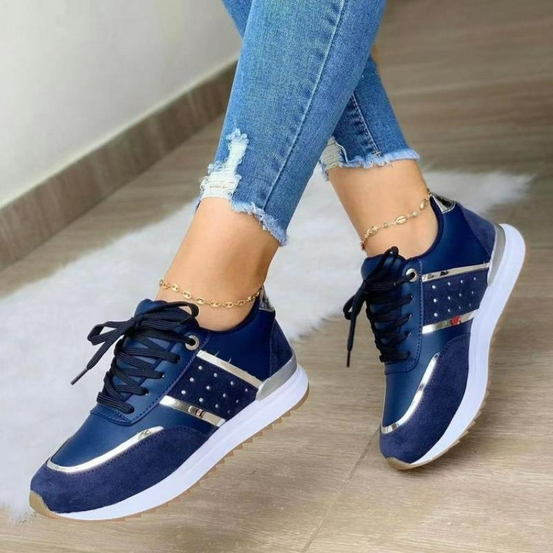 Women's Sneakers Platform Casual Shoes Leather Patchwork Vulcanized Shoes Fashion Plus Size Shoes Outdoor Lace Up Running Shoe