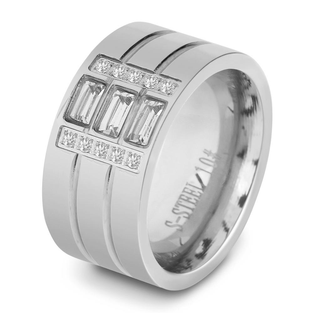 12MM Three-Row Rhinestone Stainless Steel Fashion Ring for Women Size 8