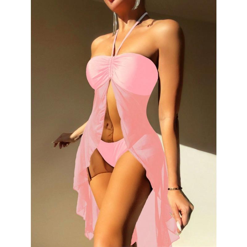 Women's Pink Halter Mesh 3 Piece Swimsuit with Skirt Cover Up