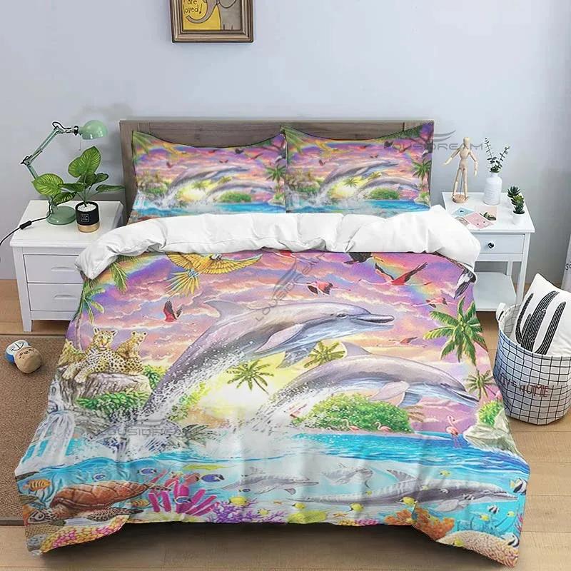 Dolphin Pattern Comforter Bedding Set,Duvet Cover Bed Set Quilt Cover Pillowcase,King Queen Size Bedding Set