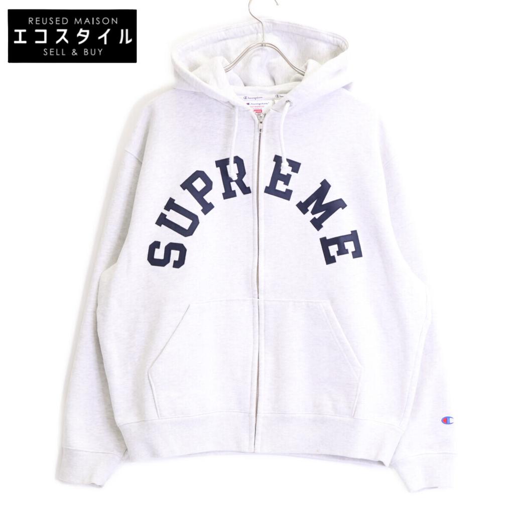 Champion ×Supreme 24 Stainless Steel Ash Gray Navy Logo Zip-Up Hooded Sweatshirt Jacket M Light grayUsed
