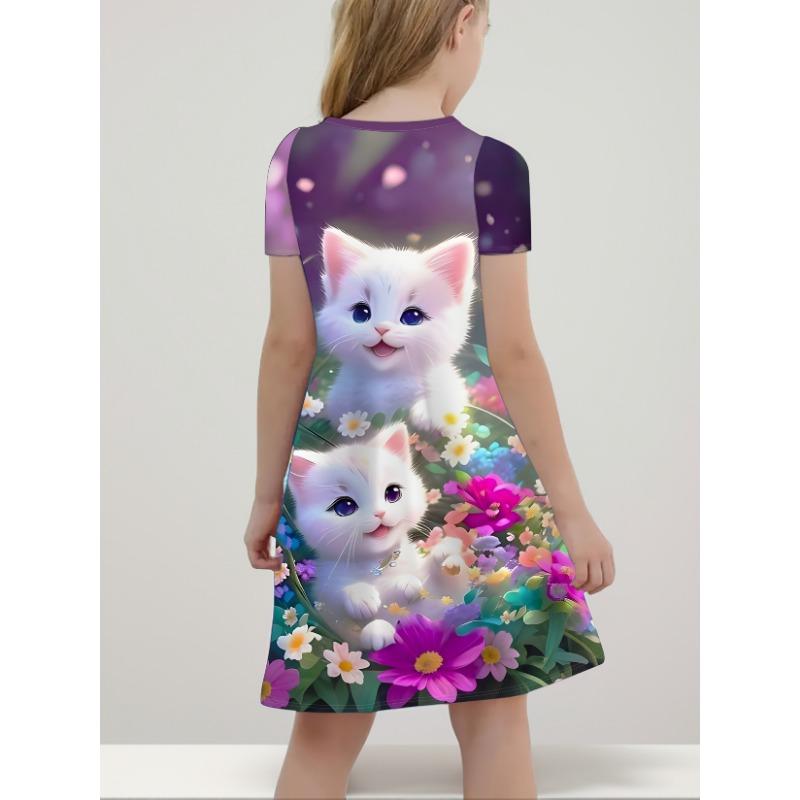 Casual Short-Sleeve Dress for Girls Featuring a 3D Unicorn Print, Perfect for Summer with Cute Cartoon Designs for Toddlers.