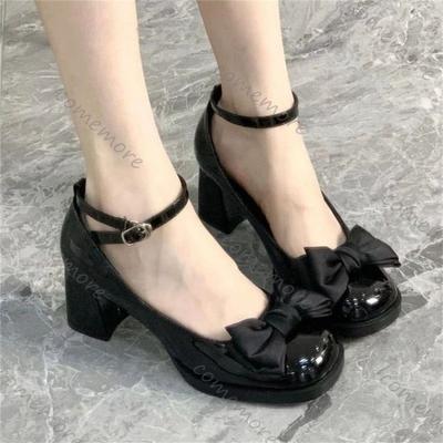 Fashion Comemore Klobige Absatz Leder Mary Jane Schuhe Frühling und Herbst Neue Pumps Schleife Retro High-Heel Schuhe für Damen Fashion Slipper