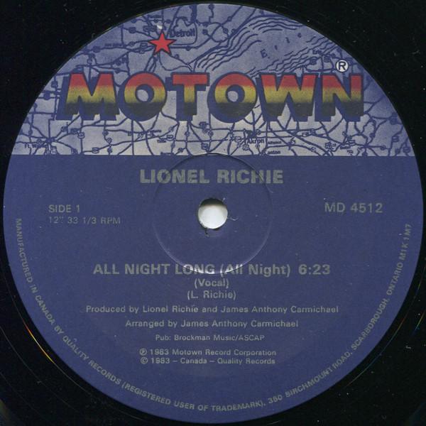 12inch Record LIONEL RICHIE All Night Long All Night MD4512 Motown 1983 Canada SoulFunk Used