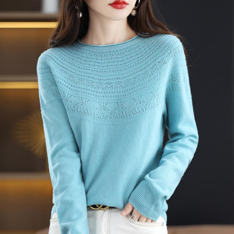 One-line Ready-to-wear Rolled Round Neck Hollow Cardigan for Women In Autumn and Winter Loose and Versatile Cashmere Knitted Base Shirt Top