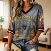 Women's Halloween Print V-Neck T-Shirt, Short Sleeve Casual Pullover Top for Everyday Wear