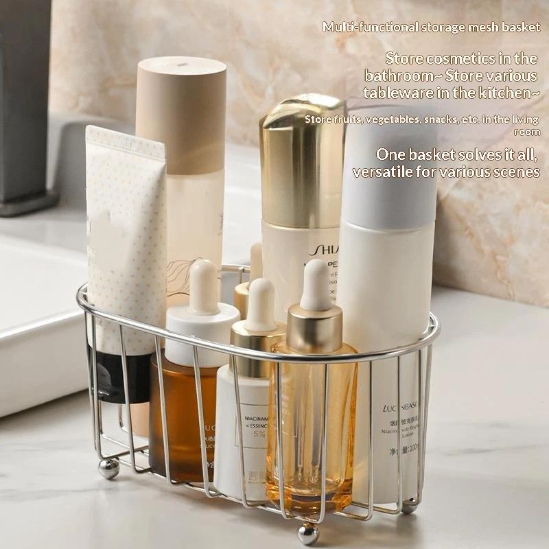 Stainless Steel Storage Basket Rustproof Quick Drain Design For Bathroom Organizing Skincare Cosmetics