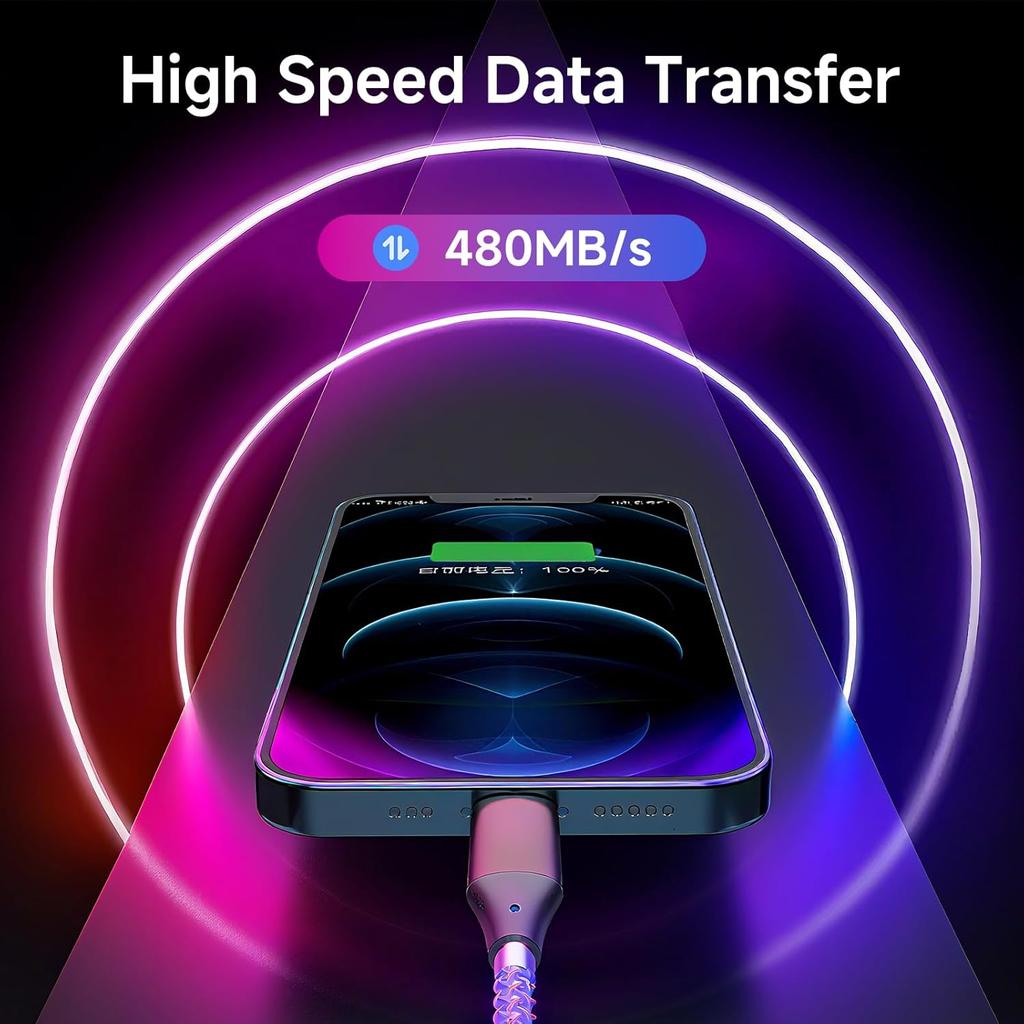 USB to USB C Cable, LED Light Up for Camping,100W Fast Charging, RGB Breathing Charger Cord for iPhone 16 15 Galaxy S10 S10+, LG V30, and More