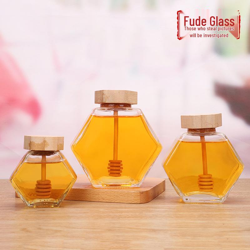 Hexagonal Glass Honey Jar with Wood, Iron, or UV Lid Iron Lid 100ml