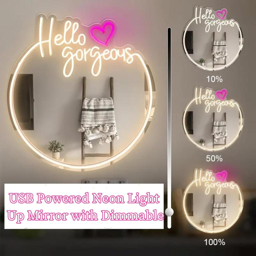 Hello Gorgeous Neon Sign for Wall Decor USB Powered LED Neon Light Mirror Sign with Adjustable Brightness Light Up Sign for Bedroom Girls Rooms