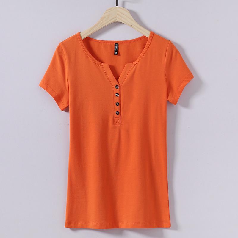 

Korean Style V-Neck Slim Women s T-Shirt with Buttons - Trendy Spring/Summer Blouse XL помаранчевий