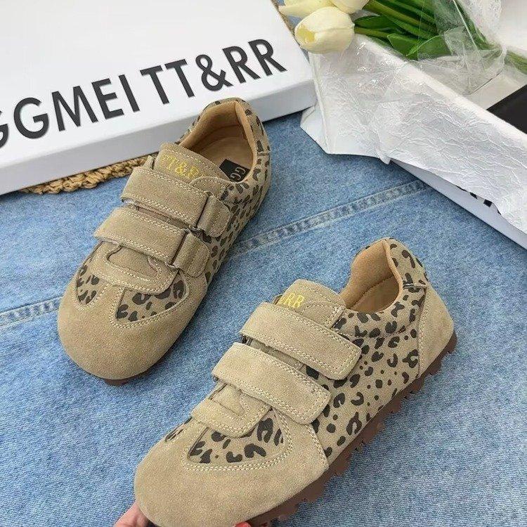 Leopard print German training shoes women's big head retro single shoes 2025 spring new Velcro matte leather casual board shoes