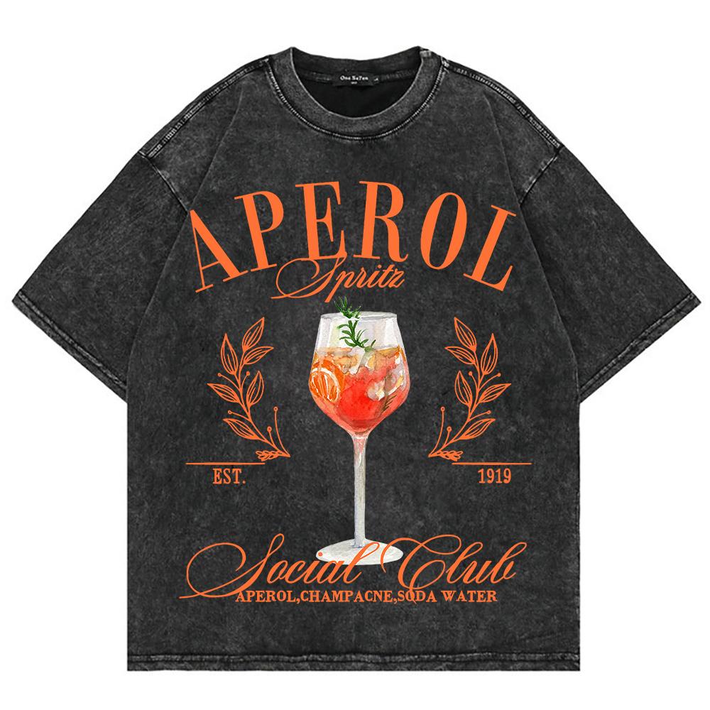 Cotton Vintage Washed Aperol Spritz Club Tshirt New Fashion Men Casual Retro Lemon Cool Oversize Loose Acid Wash Tee Shirt