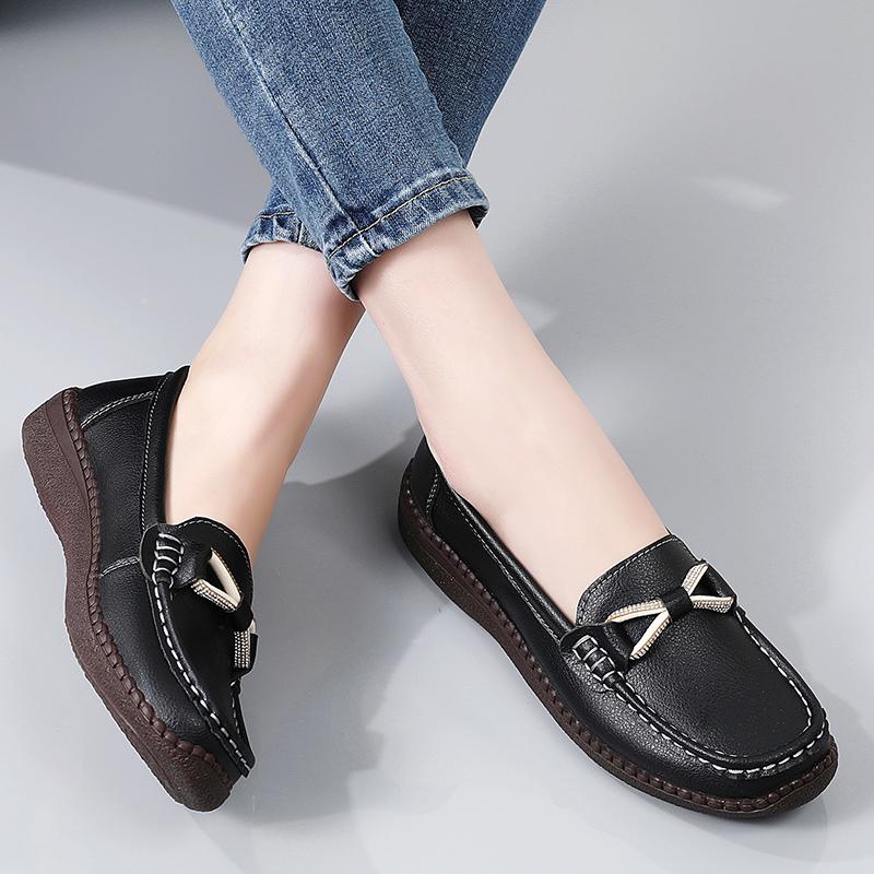 Women Simple Gold Loafers Leather Driving Moccasins Comfort Flats Black Casual Slip On Plus Size Black Shoes