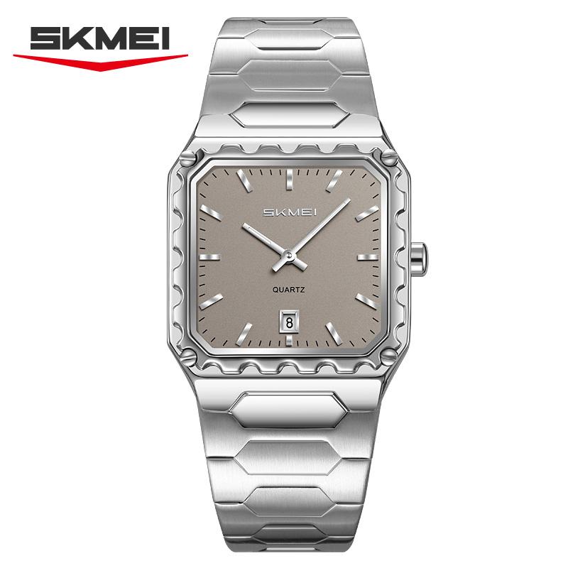SKMEI 9383 Men's Quartz Watch for Men Stainless Steel Fashion Sports Waterproof Silver Wrist Watch Luxury New Simple Square