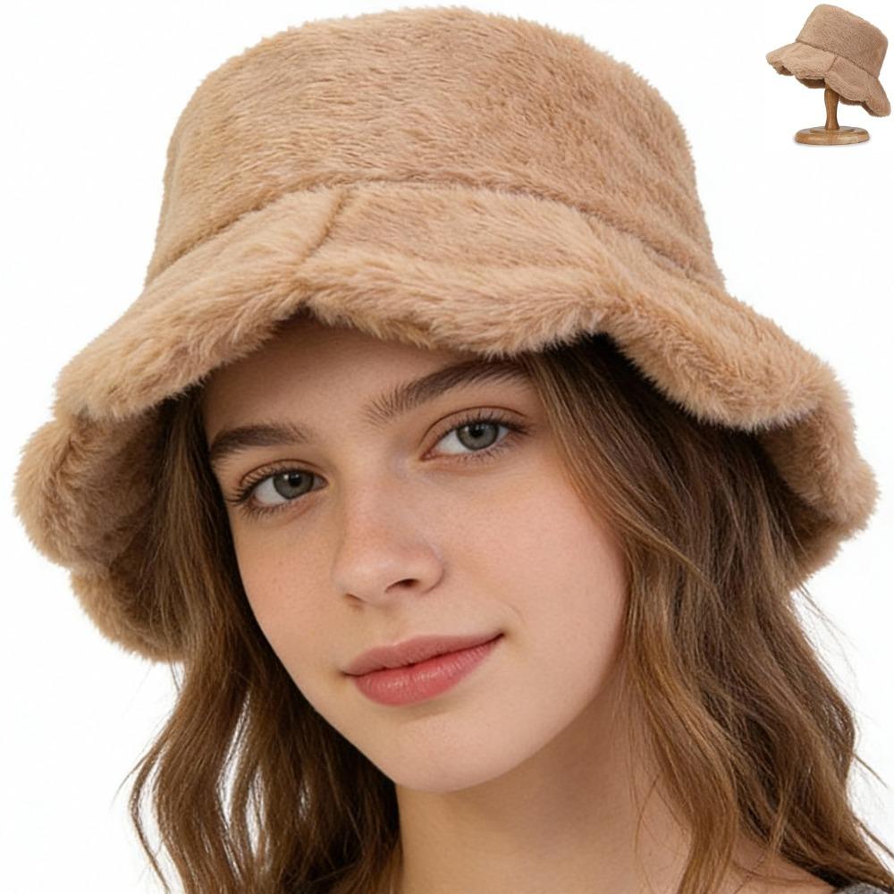Plush Fisherman Cap Thick Warm Plush Bucket Hat Fashionable Fluffy Winter Cap Outdoor Activities