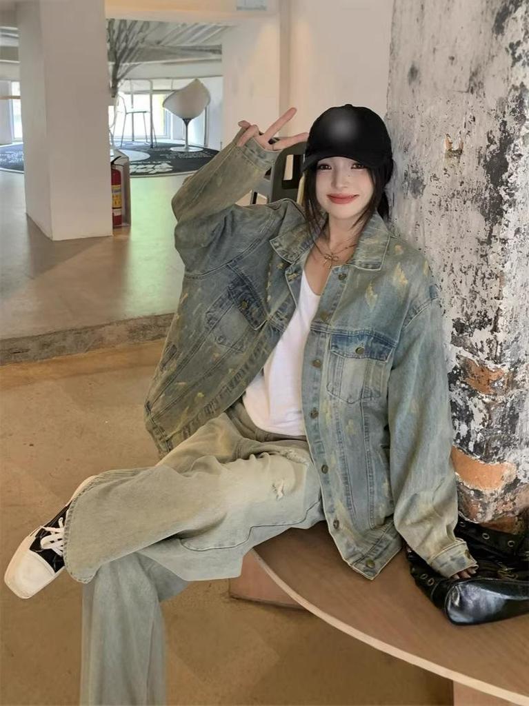 New Arrival: Plus Size Women's Distressed Washed Denim Jacket - Loose Fit, Ripped Style, Spring Collection.