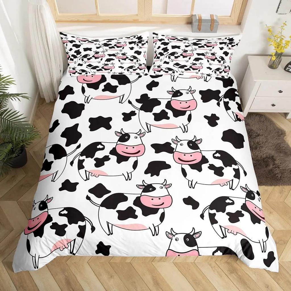 Cartoon Cow Duvet Set Three-Piece Strawberry Pattern Quilt Set Kawaii Cow Bedding Set