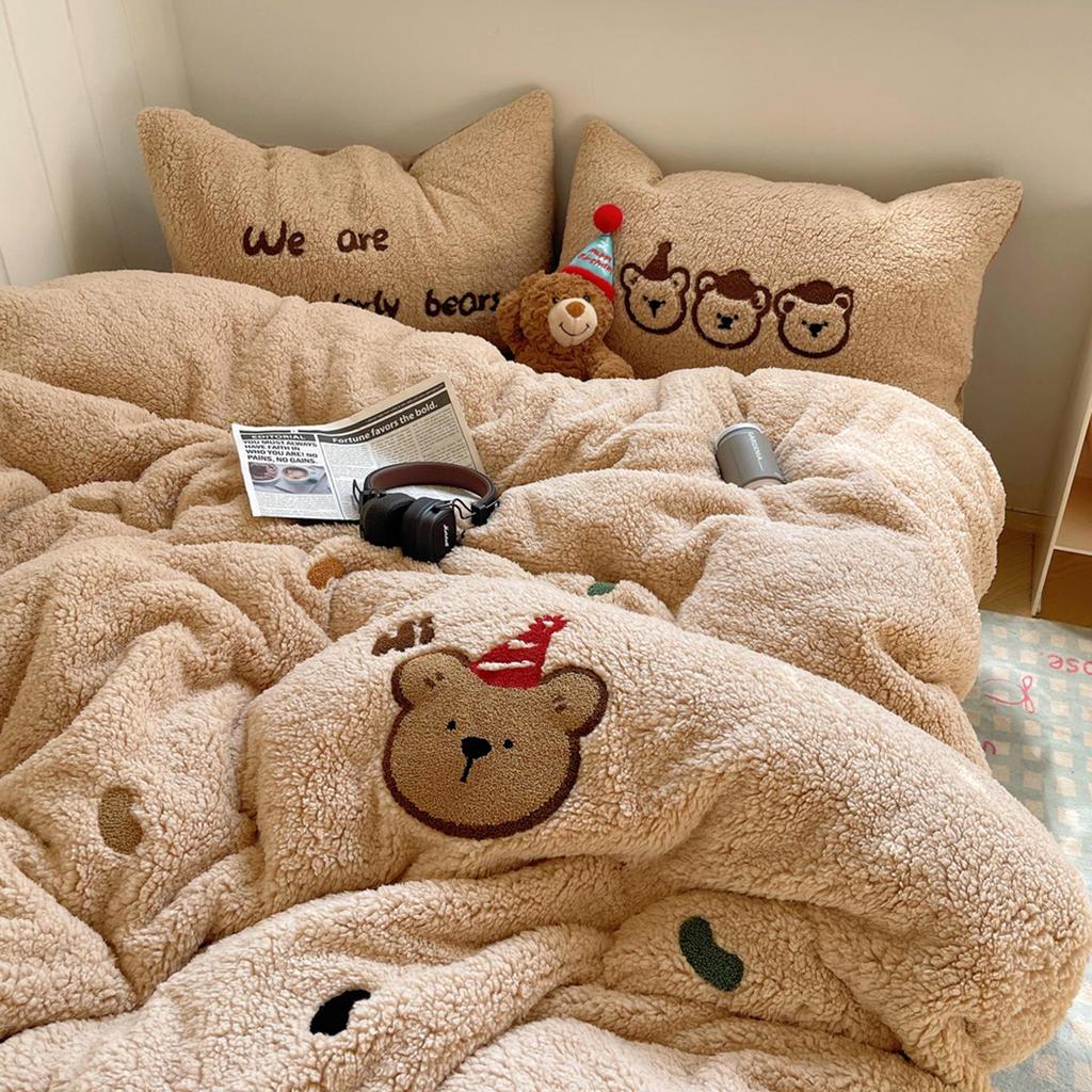 Cozy Kawaii Lambswool Fleece Embroidered Towel 4-Piece Set