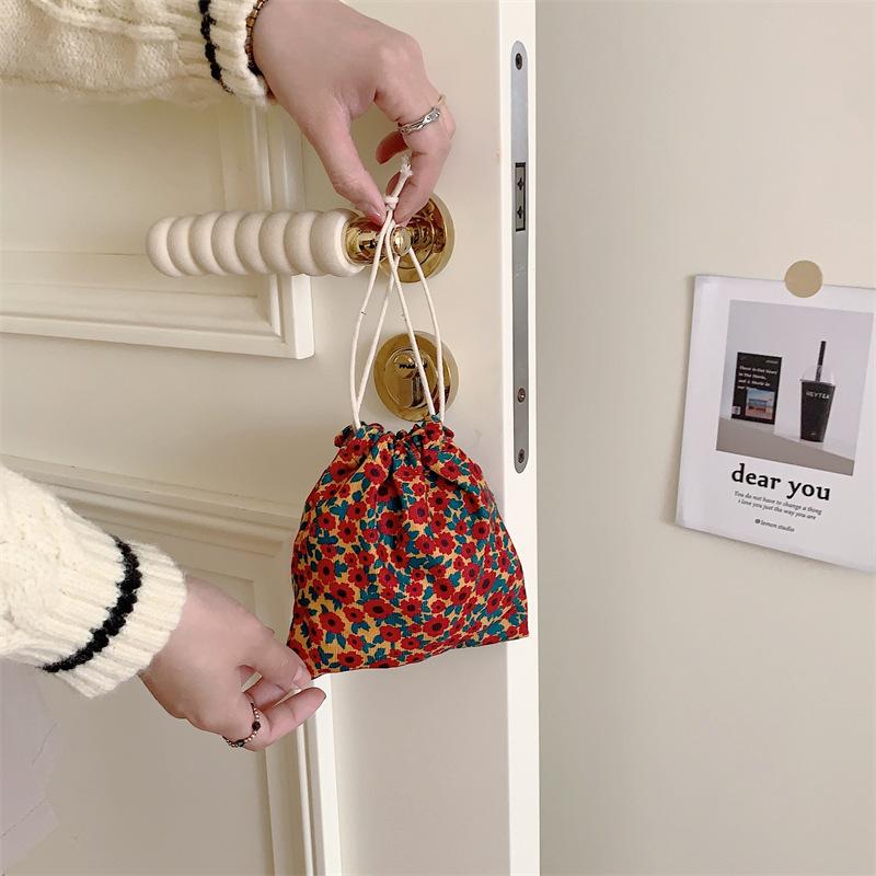 Cute Floral Corduroy Small Coin Purse Drawstring Bag Handbags Woman Jewelry Lipstick Cosmetic Tote Rope Storage Pouch String Bag