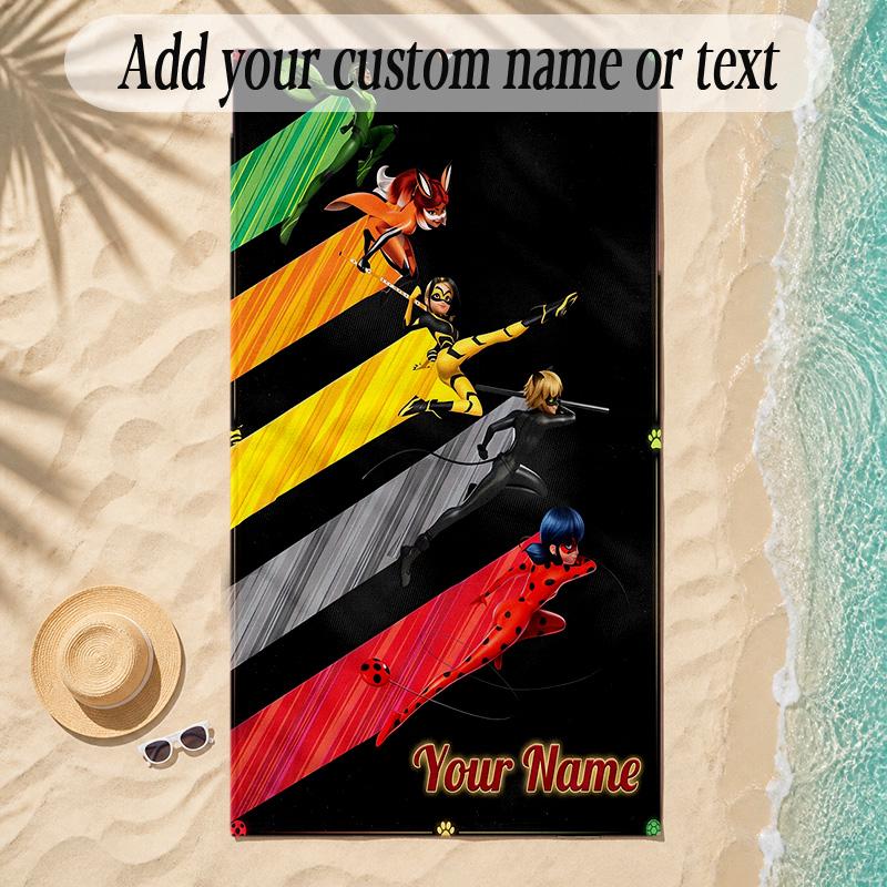 Beach TowelMiraculous Ladybug Custom Name Text Personalized Soft Towel for Beach Pool Indoor Home Decor Gift